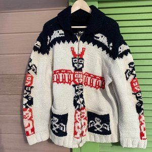MENS Wool Vintage Cowichan Totem Pole/Native/Whales Zip Up Sweater- XL